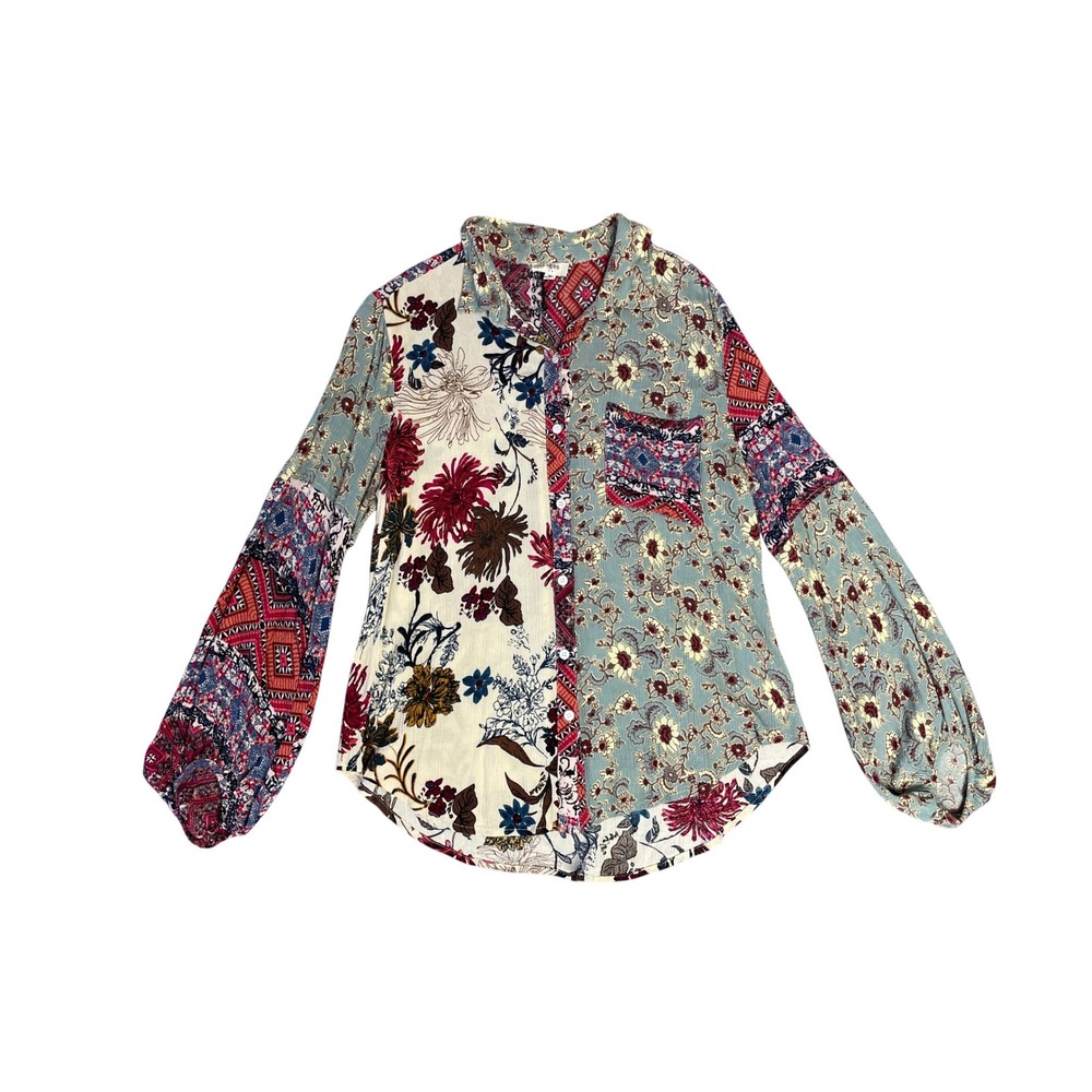 Umgee Boho Floral Patchwork Balloon Sleeve Button Up Shirt Medium Cottage Boho - Picture 1 of 4